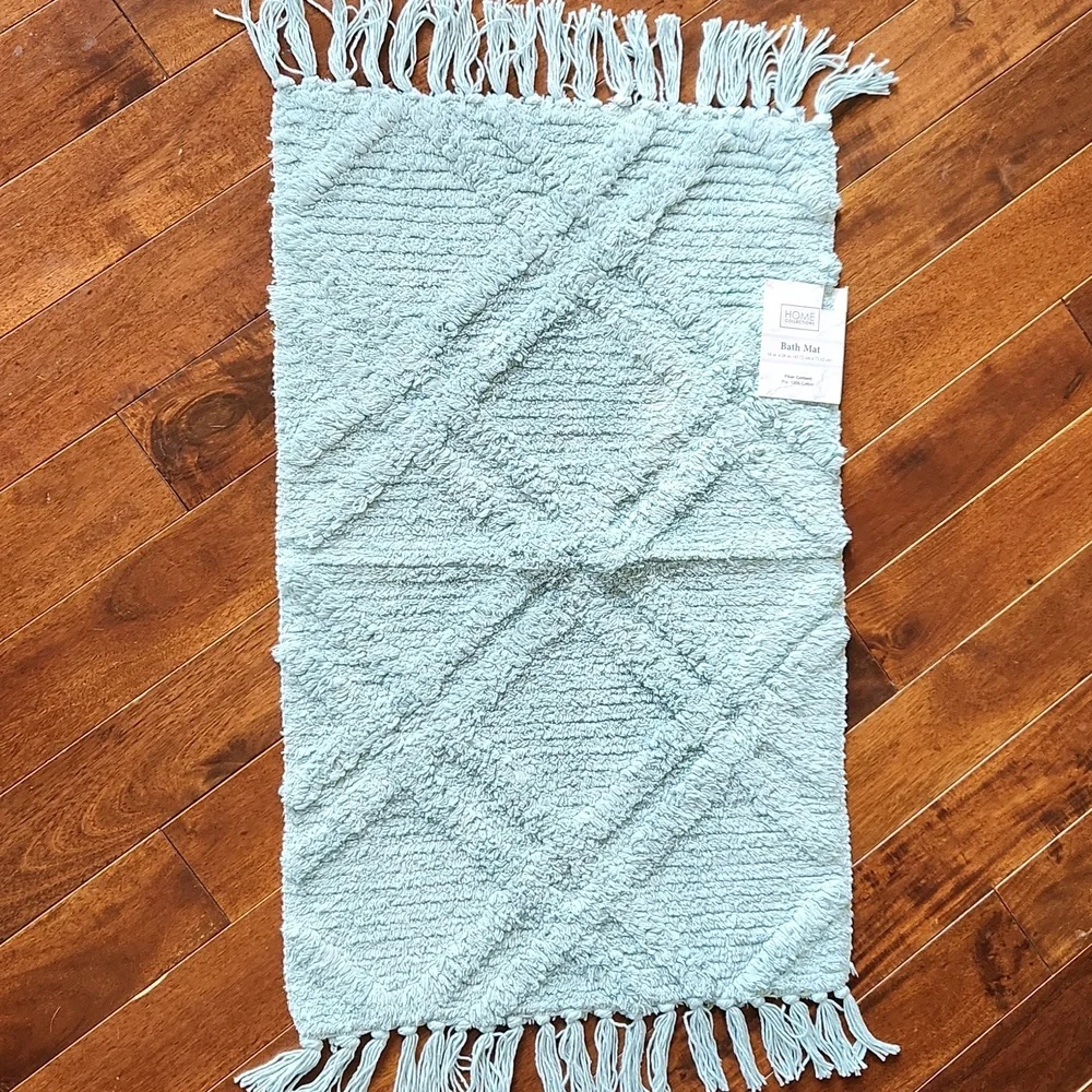 Boho‎ Bath Mat Rug with Tassels Blue Cotton